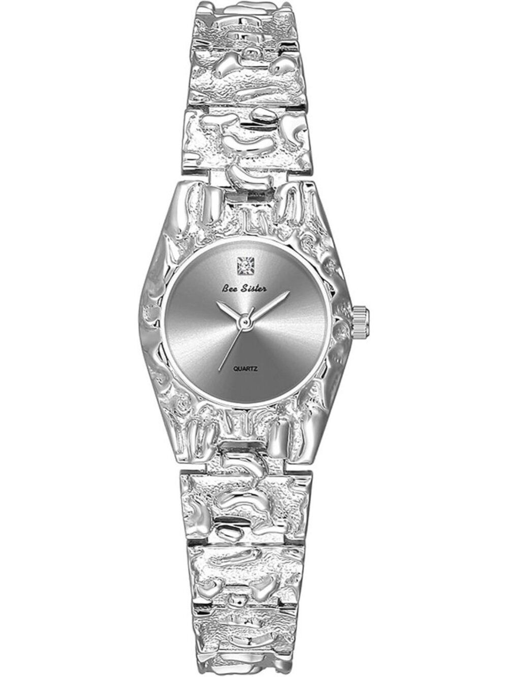 Women's Silver Luxurious Textured Jewelry Chain Minimalist Dial Quartz Watch